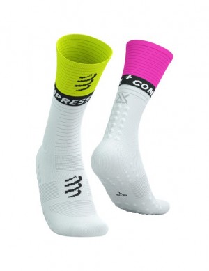 Férfi Compressport Mid Compression Socks V2.0 Futózokni Fehér Sárga Rózsaszín | NFETKJR-83