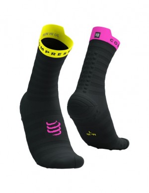 Férfi Compressport Pro Versenyautó Socks v4.0 Ultralight Run High Futózokni Fekete Sárga Rózsaszín | IDCXJRF-15