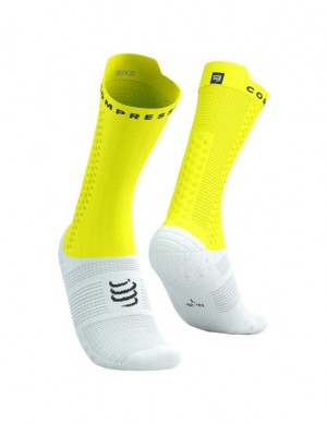 Unisex Compressport Pro Versenyautó Socks v4.0 Bike Zokni Fehér Sárga | CFDGUHR-59