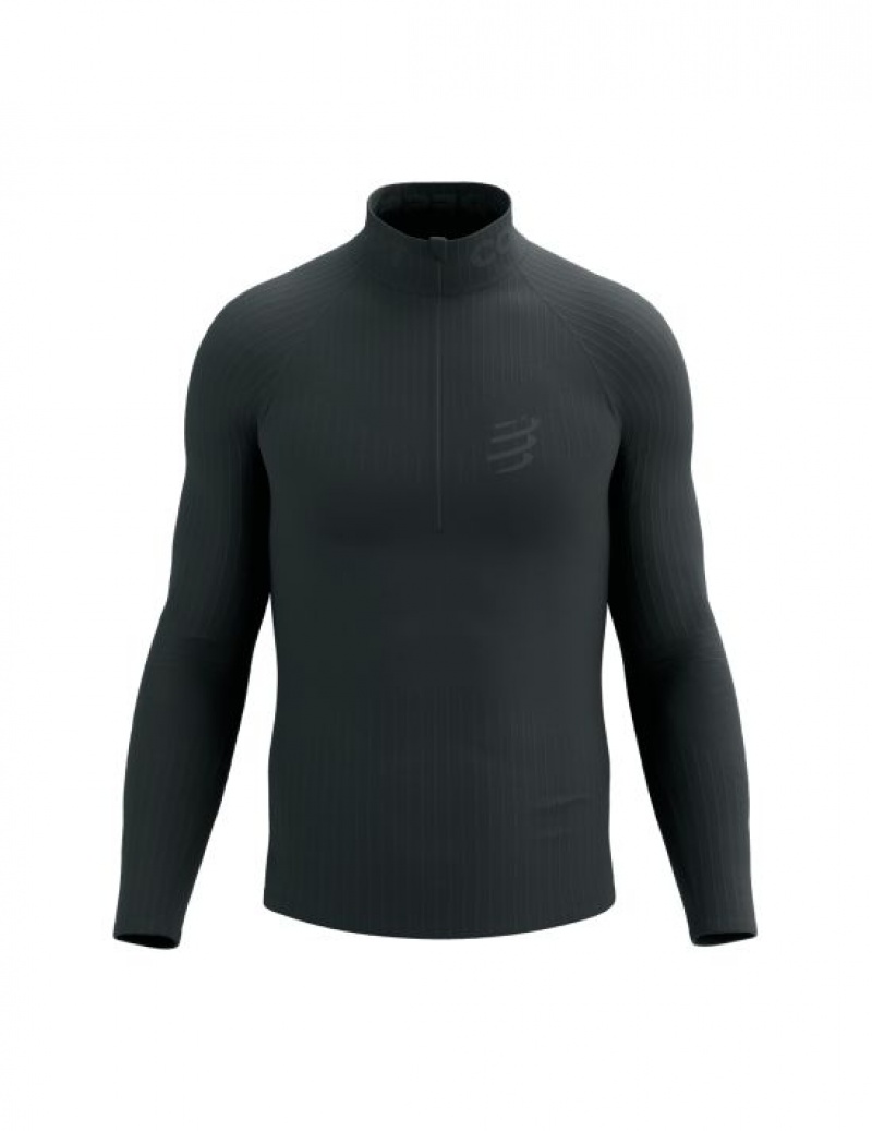 Férfi Compressport 3D Thermo Half Zip LS Top Póló Fekete | NTMCVDA-30