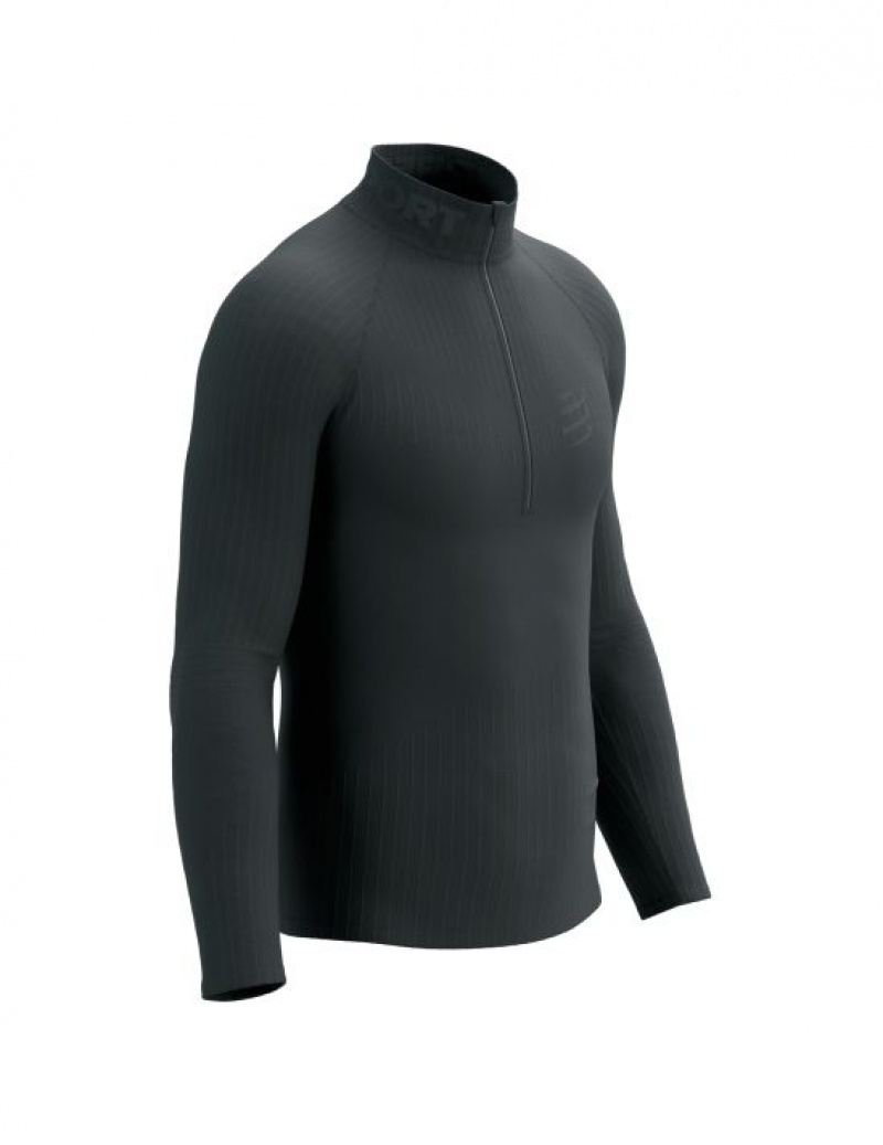 Férfi Compressport 3D Thermo Half Zip LS Top Póló Fekete | NTMCVDA-30