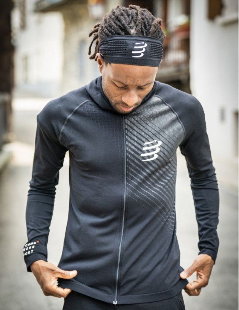 Férfi Compressport 3D Thermo Seamless Hoodie Zip Kapucnis Pulóver Fekete | JVEXFIL-38