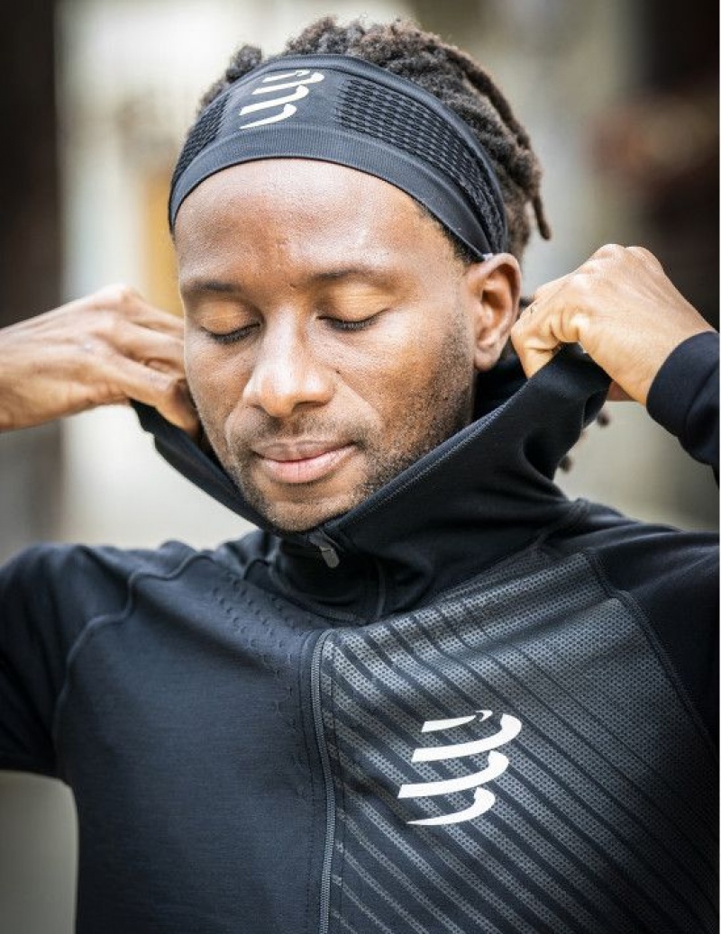 Férfi Compressport 3D Thermo Seamless Hoodie Zip Kapucnis Pulóver Fekete | JVEXFIL-38