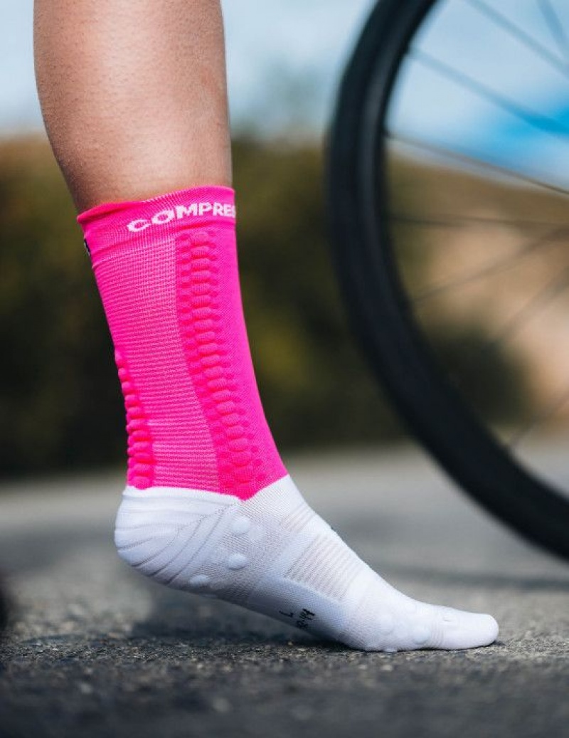 Férfi Compressport Pro Versenyautó Socks v4.0 Bike Cycling Socks Fehér Rózsaszín | ONMGDAF-32