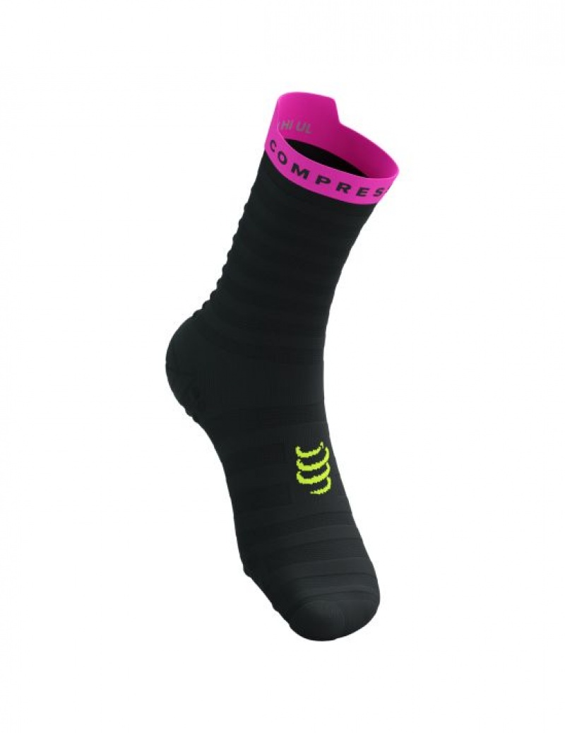 Férfi Compressport Pro Versenyautó Socks v4.0 Ultralight Run High Futózokni Fekete Sárga Rózsaszín | IDCXJRF-15