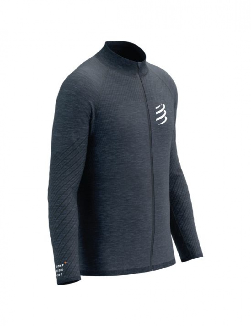 Férfi Compressport Seamless Zip Sweatshirt Futókabát Sötétkék | MIBYTCO-67