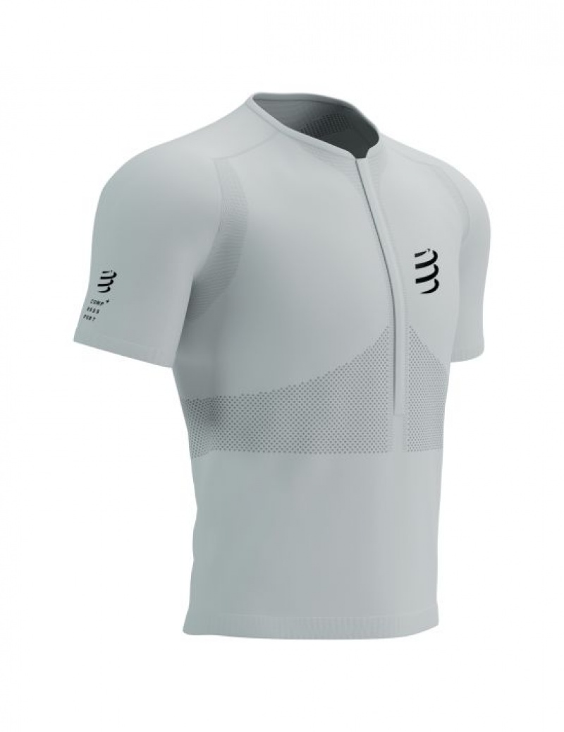 Férfi Compressport Trail Half-Zip Fitted SS Top Póló Fehér | YTFQAGH-92