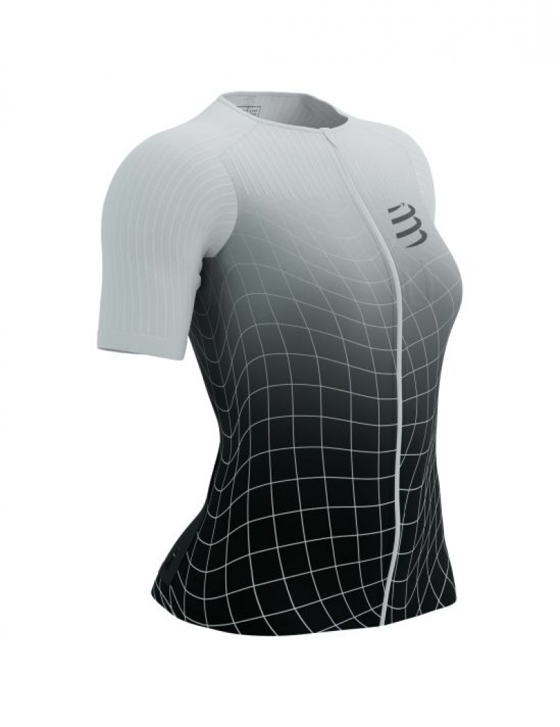 Női Compressport Tri Postural Aero SS Top W Póló Fekete Fehér | HBKOVZT-20