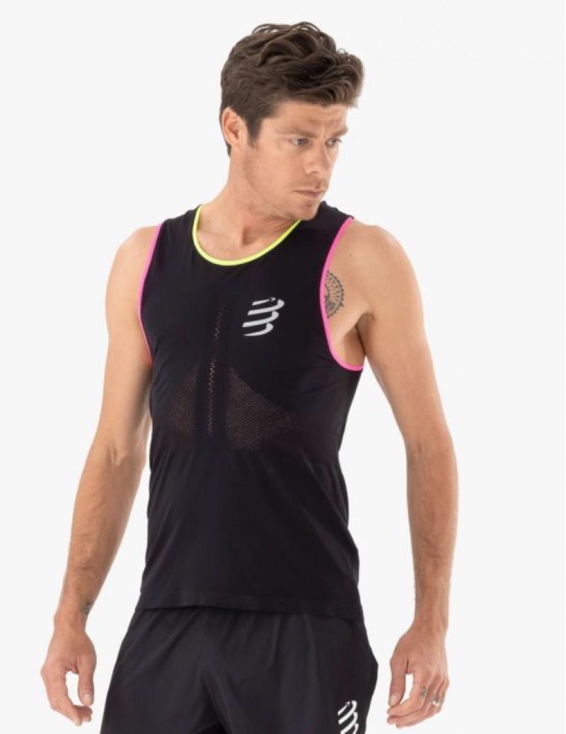 Unisex Compressport Pro Versenyautó Singlet M Póló Fekete Sárga Rózsaszín | FJLBPTQ-93